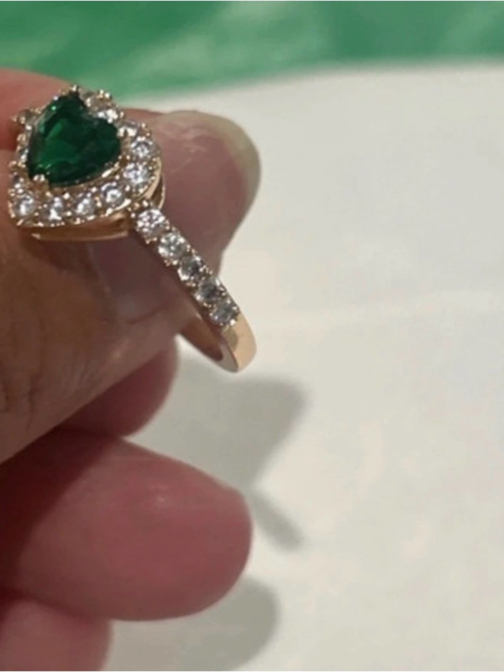 14k plated Gold Heart Ring with Green Gemstone and Clear Accents